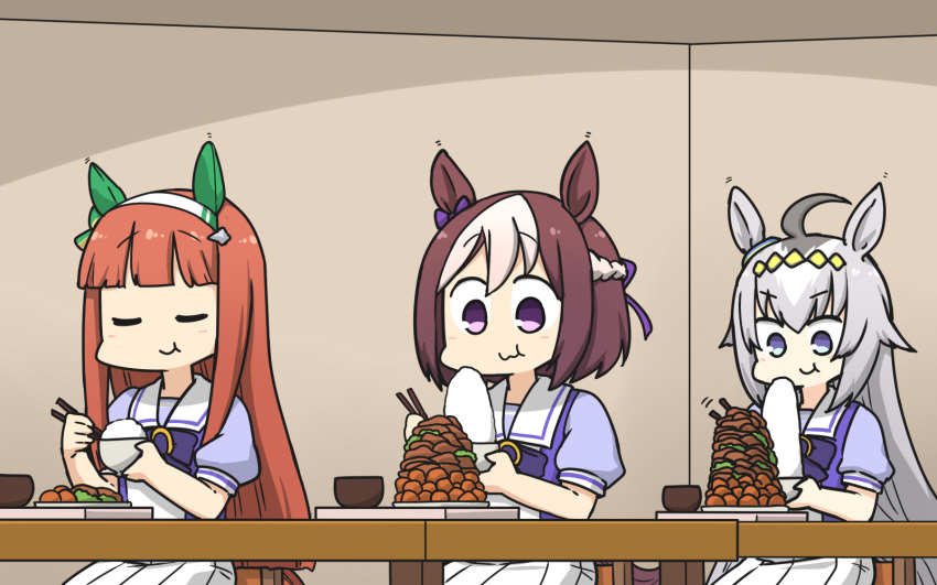 3girls ahoge animal_ears blue_eyes bottle brown_hair character_request chopsticks closed_eyes commentary_request eating el_condor_pasa_(umamusume) eye_mask eyebrows_visible_through_hair food grey_hair hamu_koutarou highres holding holding_bottle holding_chopsticks horse_ears horse_girl horse_tail long_hair multiple_girls oguri_cap_(umamusume) open_mouth ponytail school_uniform shaking smile tail tracen_school_uniform umamusume