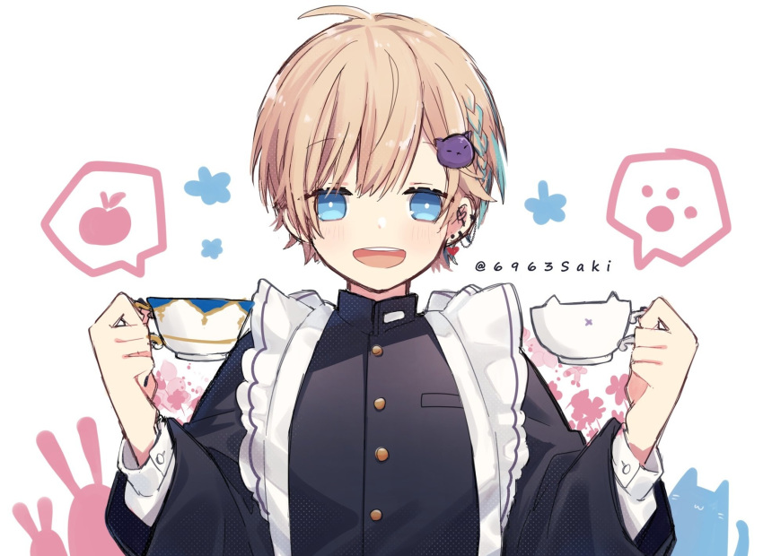 1boy ahoge apple apron bangs blonde_hair blue_eyes blush braid cat cat_hair_ornament commentary_request cup earrings eyebrows_visible_through_hair food frilled_apron frills fruit gakuran hair_ornament highres holding holding_cup jewelry long_sleeves looking_at_viewer maid male_focus multiple_earrings oosaka_rei original paw_print rabbit school_uniform short_hair side_braid simple_background smile solo swept_bangs teacup twitter_username upper_body white_background