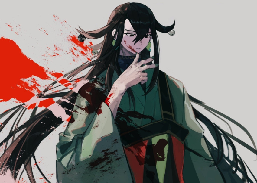 1boy androgynous ashiya_douman_(fate) asymmetrical_hair bell black_eyes black_hair blood blood_on_face bloody_clothes curly_hair earrings eyeshadow fate/grand_order fate_(series) fingernails gonrks green_eyeshadow green_kimono green_lips green_nails grey_background hadanugi_dousa hair_bell hair_between_eyes hair_ornament japanese_clothes jewelry jingle_bell kimono long_hair looking_down magatama magatama_earrings makeup male_focus open_clothes open_kimono parted_lips serious sharp_fingernails simple_background somber teeth very_long_fingernails very_long_hair