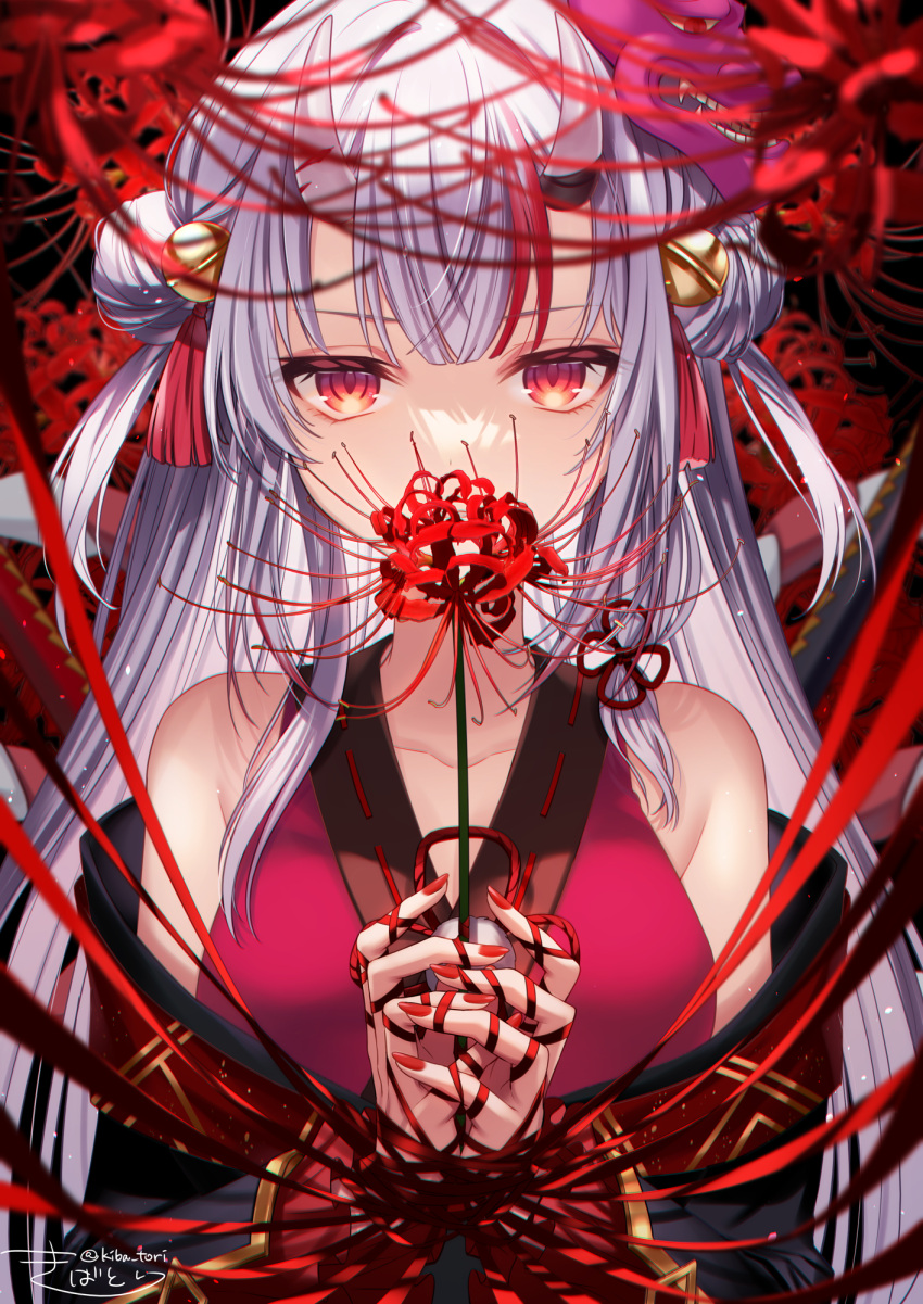 1girl bell double_bun fingernails flower hair_bell hair_ornament highres holding holding_flower hololive kiba_tori long_hair looking_at_viewer nail_polish nakiri_ayame red_eyes red_nails signature solo twintails twitter_username upper_body virtual_youtuber white_hair