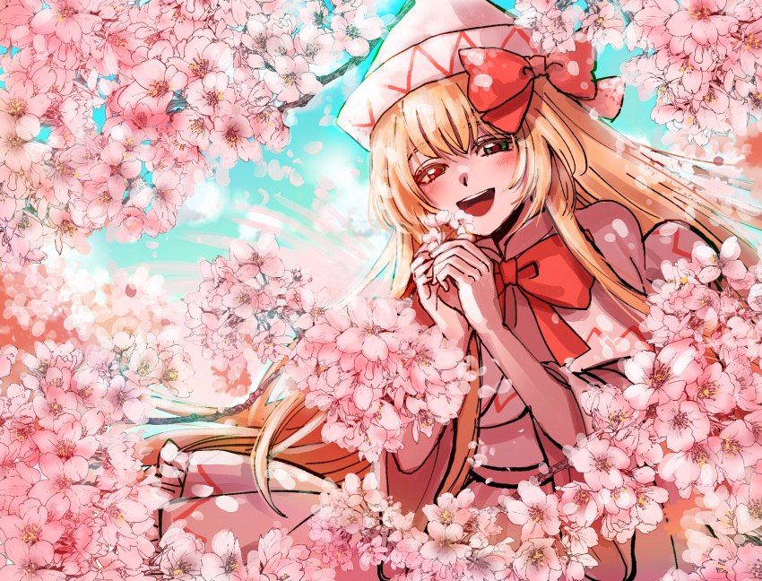 1girl :d blonde_hair blue_eyes bow bowtie capelet cherry_blossoms commentary_request cowboy_shot day dress flower hair_bow hands_up happy hat highres holding holding_flower kuya_(hey36253625) lily_white long_hair looking_at_viewer open_mouth outdoors petals pink_flower red_bow red_neckwear smile solo touhou very_long_hair white_capelet white_dress white_headwear