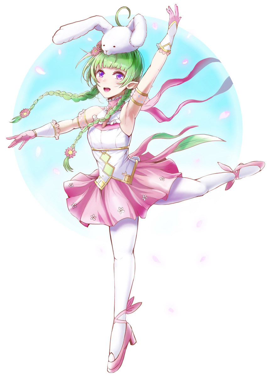 1girl absurdres alternate_costume animal_ears armpits ballet braid bunny_tail fake_tail fire_emblem fire_emblem_awakening fire_emblem_heroes flower full_body gloves green_hair hair_flower hair_ornament highres long_hair looking_at_viewer nah_(fire_emblem) official_alternate_costume open_mouth pantyhose pink_gloves pink_skirt pointy_ears rabbit_ears simple_background skirt solo tail twin_braids twintails violet_eyes white_legwear yyillust