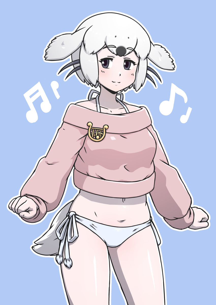 1girl absurdres acesrulez alternate_costume bare_legs bikini bikini_bottom black_hair blush commentary_request cowboy_shot crop_top eyebrows_visible_through_hair harp_seal_(kemono_friends) highres kemono_friends long_sleeves multicolored_hair musical_note navel off_shoulder pink_sweater seal_tail short_hair solo sweater swimsuit two-tone_hair white_hair white_swimsuit