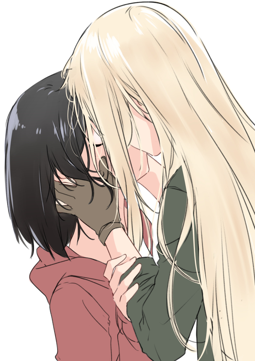 2girls akira_miku_ver blonde_hair brown_hair hands_on_another's_face hidden_face highres hood hoodie implied_kiss kamikoshi_sorawo kiss multiple_girls nishina_toriko red_hoodie urasekai_picnic yuri