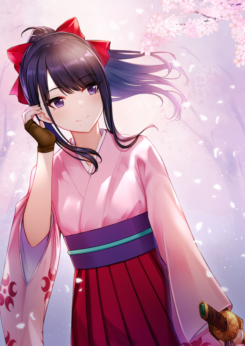 1girl absurdres bangs black_hair bow brown_gloves cherry_blossoms closed_mouth cosplay cowboy_shot eyebrows_visible_through_hair fingerless_gloves flat_chest gloves hair_bow hakama hand_up highres holding holding_sword holding_weapon idolmaster idolmaster_shiny_colors japanese_clothes katana kazano_hiori kimono long_hair long_sleeves looking_away looking_to_the_side miyar2d2 mole mole_under_mouth obi outdoors pink_kimono ponytail red_bow red_hakama sakura_taisen sash shinguuji_sakura shinguuji_sakura_(cosplay) sidelocks smile solo spring_(season) sword weapon wide_sleeves