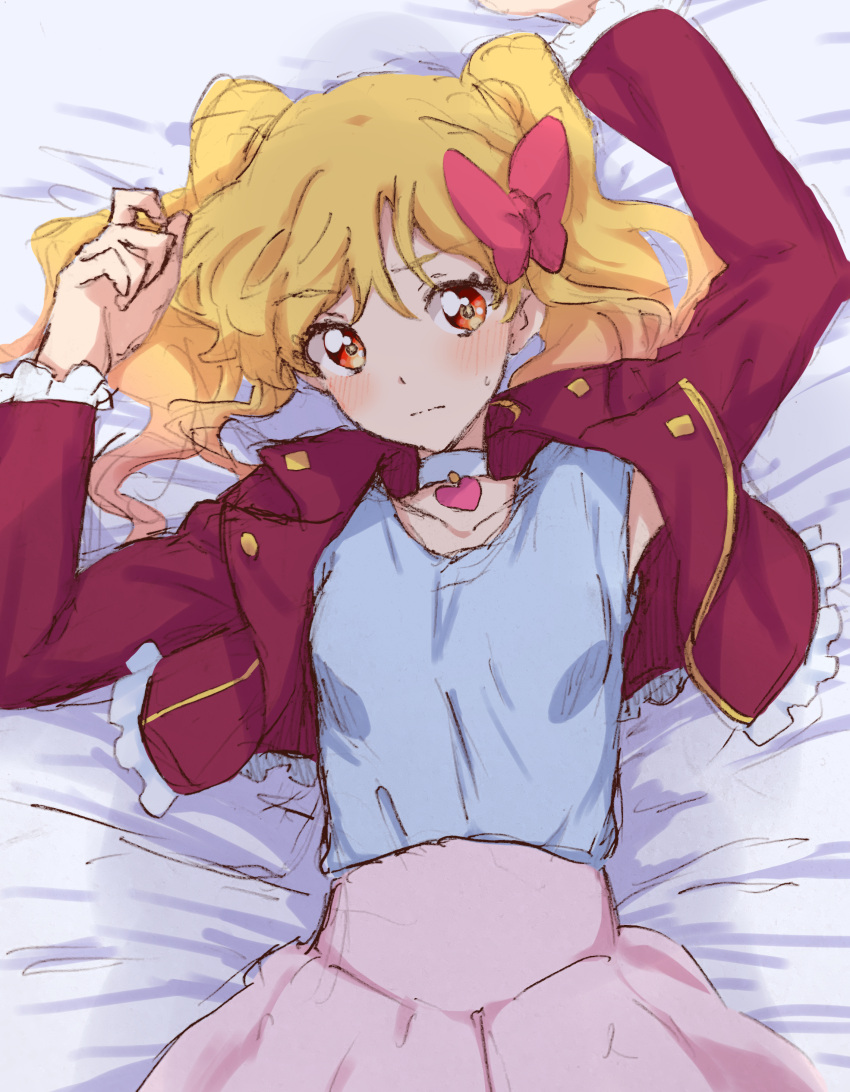 1girl absurdres aikatsu!_(series) aikatsu_stars! arms_up bed_sheet blonde_hair blue_shirt blush bow choker collarbone collared_jacket expressionless frilled_jacket gradient_hair hair_bow heart heart_choker highres jacket kumahubuki long_sleeves looking_at_viewer lying multicolored_hair nijino_yume on_back on_bed open_clothes open_jacket orange_eyes pink_bow pink_hair pink_skirt red_jacket shirt sketch skirt solo sweatdrop twintails upper_body white_choker