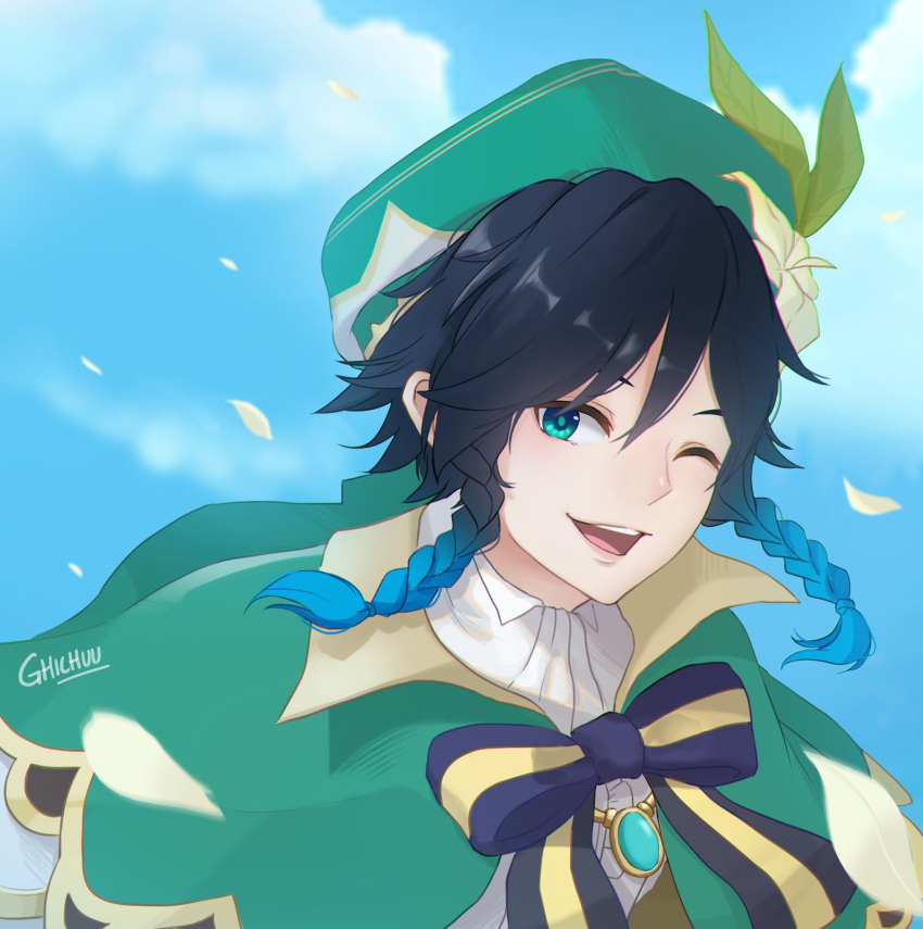 1boy androgynous artist_name bangs beret black_hair blue_hair bow braid brooch cape clouds cloudy_sky collared_cape collared_shirt day english_commentary flower gem genshin_impact ghichuuu gradient_hair green_eyes green_headwear hat hat_flower highres jewelry leaf looking_at_viewer male_focus multicolored_hair one_eye_closed open_mouth outdoors petals shirt short_hair_with_long_locks signature sky smile solo twin_braids venti_(genshin_impact) white_flower white_shirt