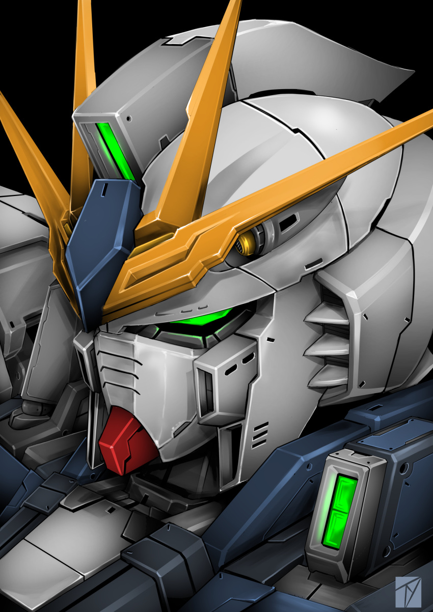 black_background char's_counterattack denjyou23 green_eyes gundam highres looking_ahead mecha mobile_suit no_humans nu_gundam science_fiction solo upper_body v-fin