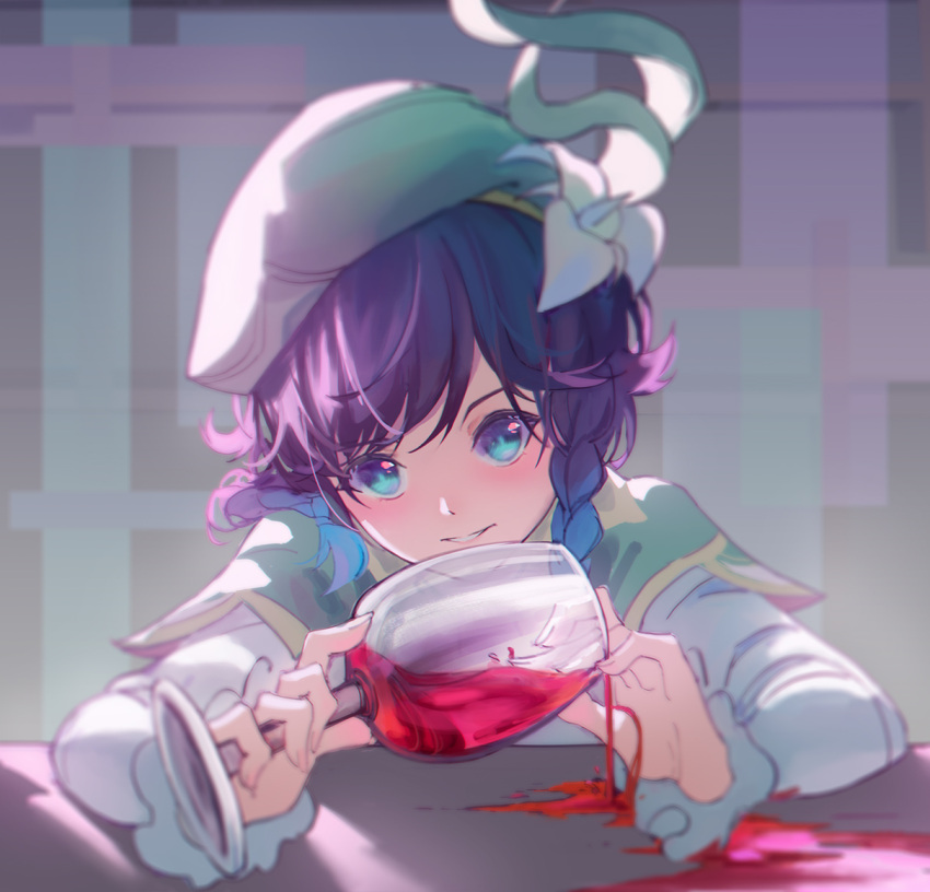 1boy alcohol androgynous ayanon_(jkju5223) bangs beret black_hair blue_hair blurry braid cape collared_cape collared_shirt cup drinking_glass flower frilled_sleeves frills genshin_impact gradient_hair green_eyes green_headwear hat hat_flower holding holding_cup leaf long_sleeves looking_at_viewer male_focus multicolored_hair open_mouth shirt short_hair_with_long_locks simple_background smile solo spilling twin_braids venti_(genshin_impact) white_flower wine wine_glass