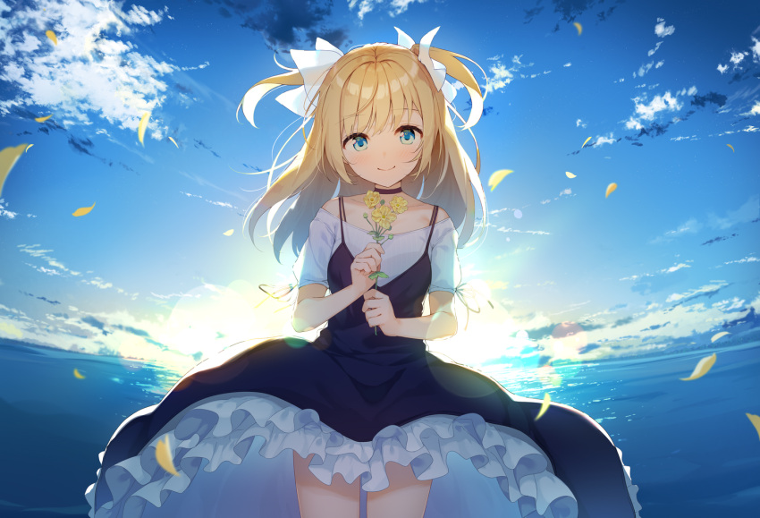 1girl backlighting bare_legs black_choker black_dress blonde_hair blue_sky bow choker clouds commentary_request cowboy_shot dress emori_el emori_miku_project flower frilled_dress frills hair_bow holding holding_flower lens_flare nijihashi_sora ocean off_shoulder outdoors shirt shirt_under_dress short_sleeves sky skyline solo spaghetti_strap sun sunrise two_side_up white_bow white_shirt yellow_flower