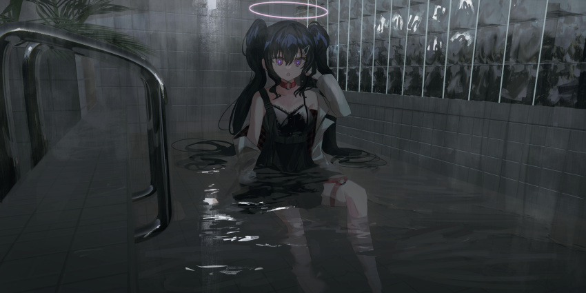 +_+ 1girl :o bangs bare_shoulders black_dress black_hair chihuri choker commentary_request dress eyebrows_visible_through_hair feet_out_of_frame hair_between_eyes hair_ornament hairclip halo hand_up highres jacket long_hair long_sleeves looking_at_viewer o-ring o-ring_choker off_shoulder open_clothes open_jacket open_mouth original partially_submerged red_choker sitting sleeveless sleeveless_dress solo tile_floor tile_wall tiles twintails very_long_hair violet_eyes water white_jacket