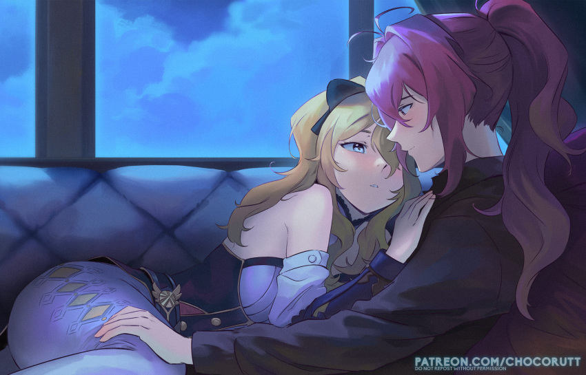1boy 1girl bare_shoulders black_shirt blonde_hair blue_eyes bow chocorut clouds cloudy_sky collared_shirt couch cuddling diluc_ragnvindr genshin_impact hair_bow hand_on_another's_chest hand_on_thigh highres jean_gunnhildr long_hair long_sleeves looking_at_another night night_sky on_couch pants parted_lips patreon_username ponytail red_eyes redhead shirt sky smile white_legwear window