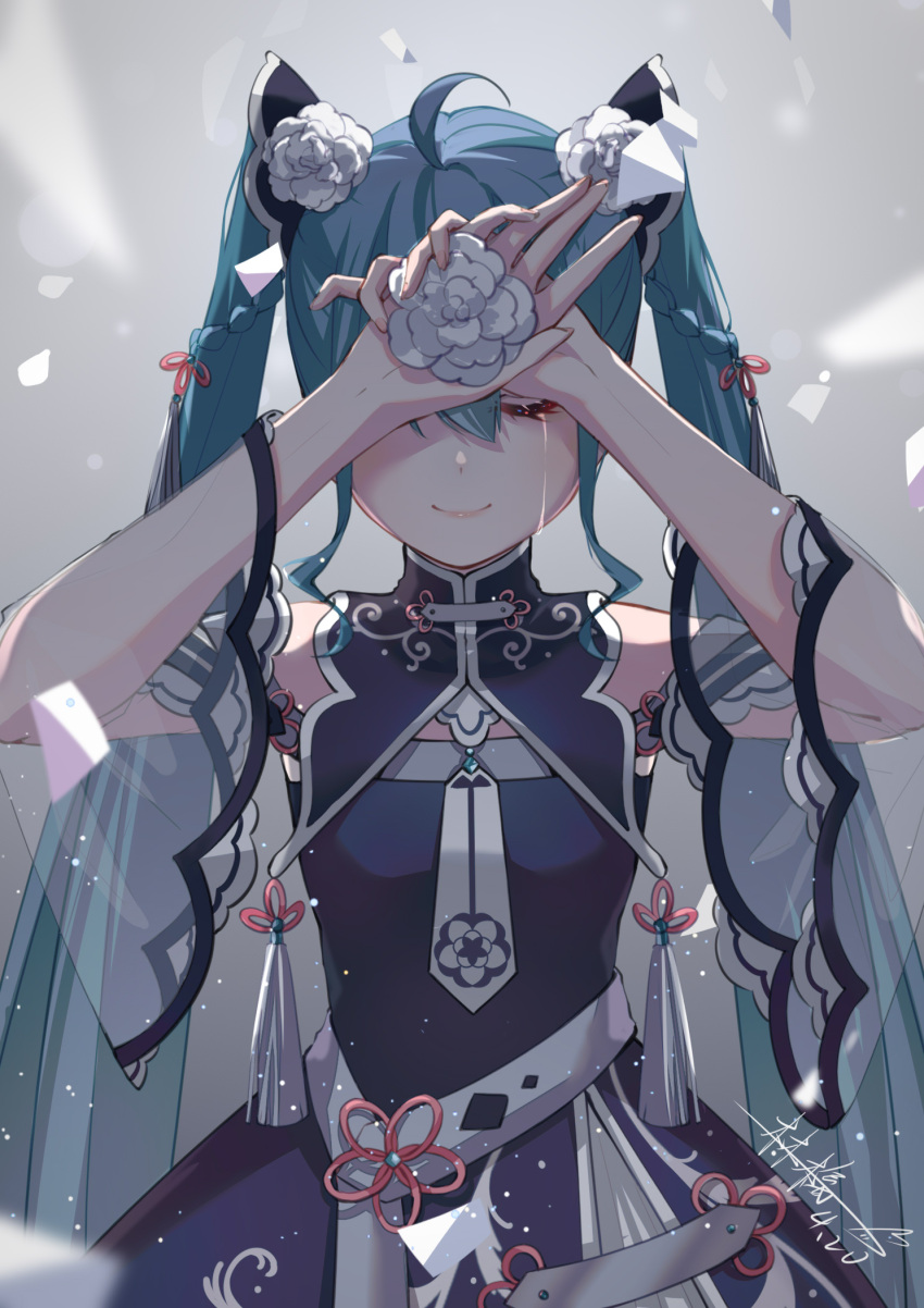 1girl arms_up bangs blue_dress blue_hair blurry blurry_foreground braid closed_eyes closed_mouth crying detached_sleeves dress facing_viewer flower grey_background hair_between_eyes hair_flower hair_ornament hair_ribbon hatsune_miku highres long_hair long_sleeves red_ribbon ribbon ringo_no_usagi_(artist) see-through signature smile solo standing tears twintails vocaloid white_flower wide_sleeves