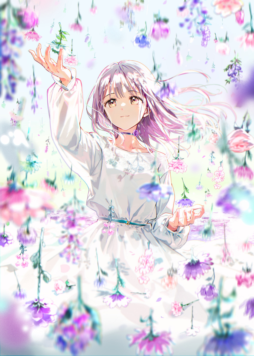 1girl aqua_choker brown_eyes choker dress floating_hair flower flower_choker highres light_purple_hair light_smile original outstretched_hand purple_choker solo tiv white_dress