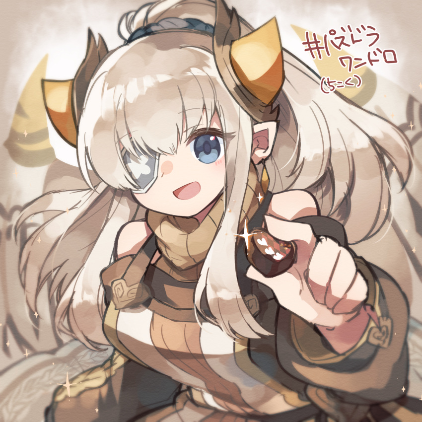 1girl :d absurdres black_shirt blue_eyes blush brown_hair candy checkered chocolate chocolate_heart eyepatch feeding food glint hand_up heart highres holding holding_food horns incoming_food kuuron_(moesann17) long_hair long_sleeves looking_at_viewer open_mouth ponytail puffy_long_sleeves puffy_sleeves puzzle_&amp;_dragons shirt smile solo translation_request very_long_hair