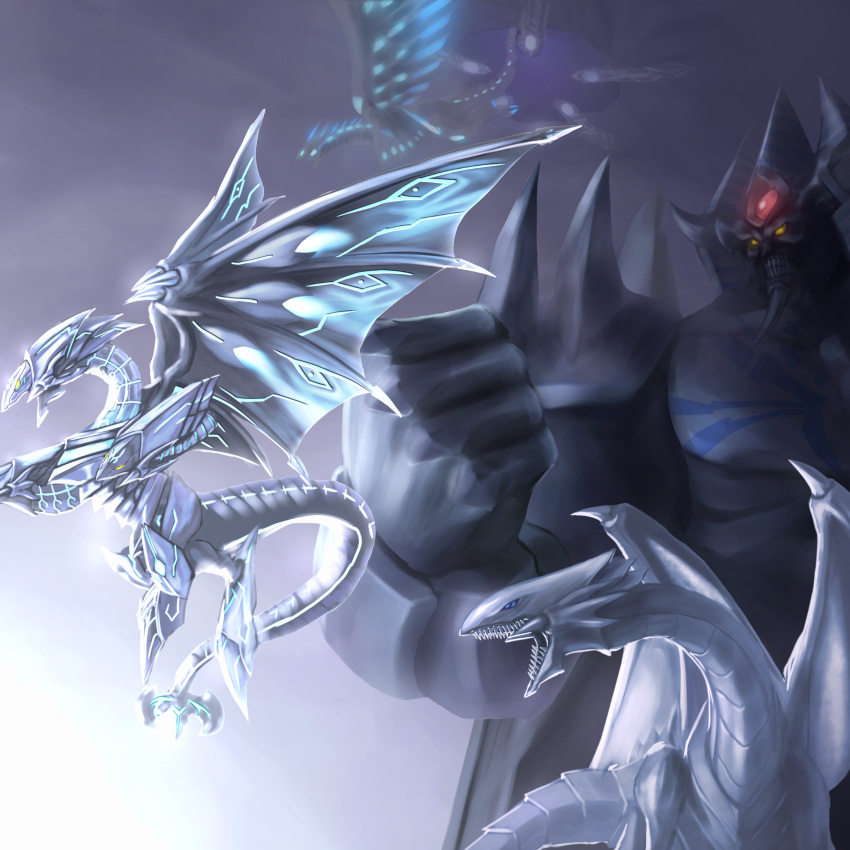 absurdres blue-eyes_white_dragon blue_eyes clenched_hand commentary deep-eyes_white_dragon dragon duel_monster flying highres multiple_heads neo_blue-eyes_ultimate_dragon no_humans obelisk_the_tormentor open_mouth quwrofsk8 sharp_teeth shoulder_spikes spikes teeth wings yellow_eyes yu-gi-oh! yu-gi-oh!_duel_monsters yu-gi-oh!_the_dark_side_of_dimensions