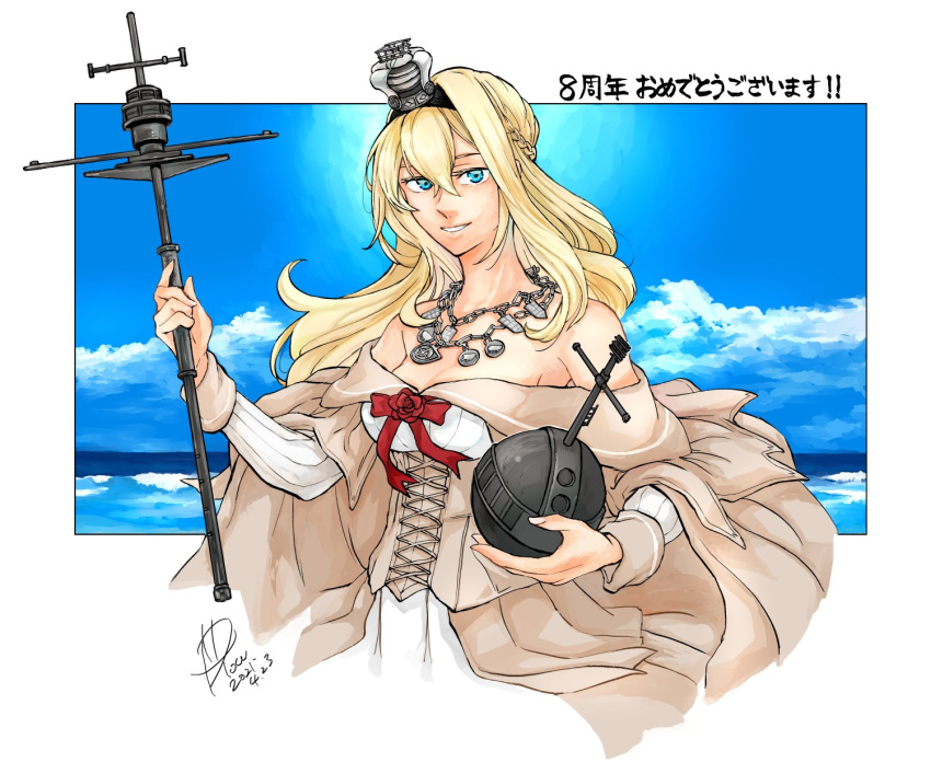 1girl anniversary bangs blonde_hair blue_eyes bow braid breasts clouds cropped_legs crown dated dress flower french_braid globus_cruciger hair_between_eyes highres holding jewelry kantai_collection long_hair long_sleeves medium_breasts mini_crown necklace off-shoulder_dress off_shoulder red_flower red_rose rose scepter signature sky solo warspite_(kancolle) water yamada_rei_(rou)