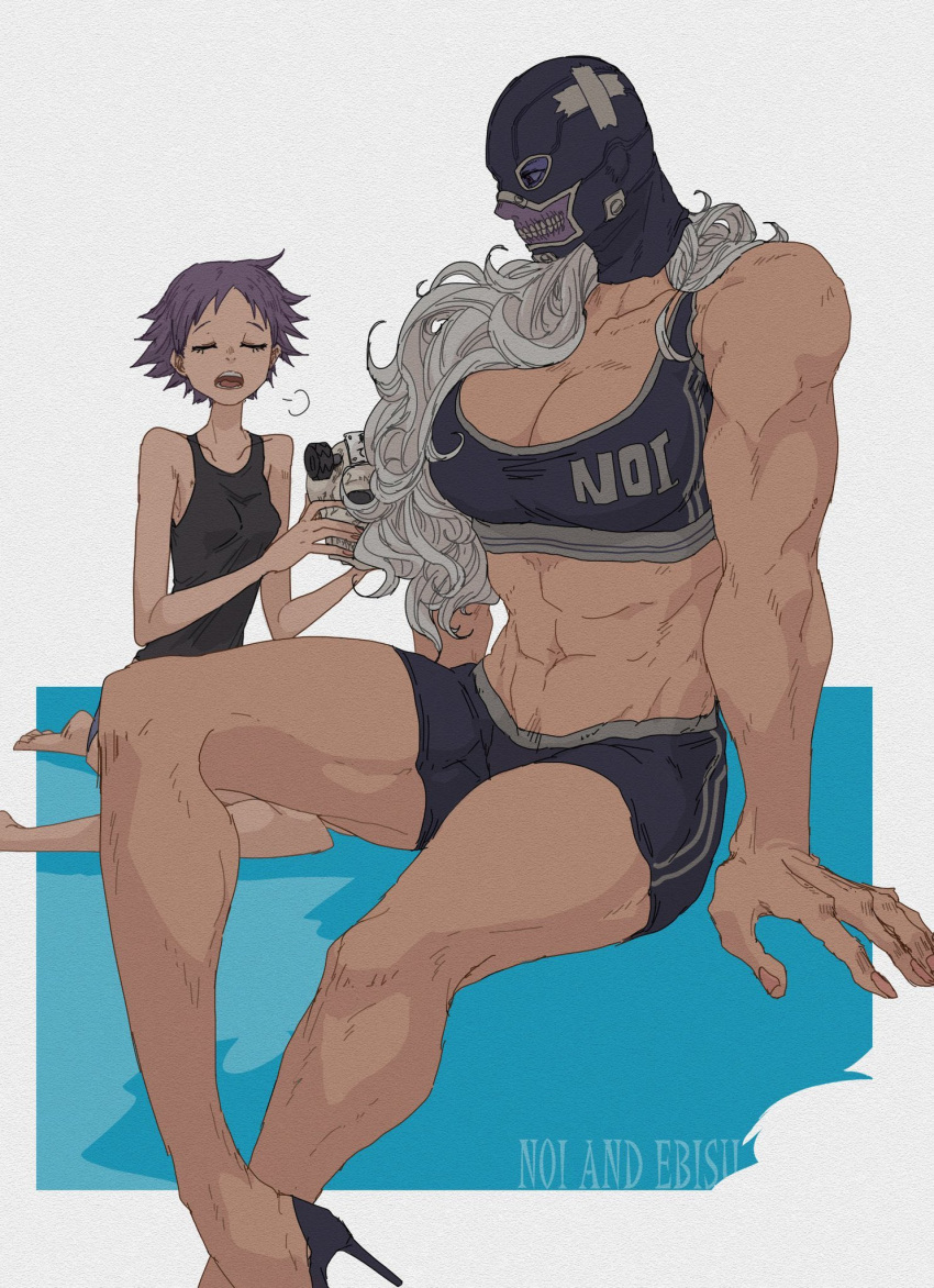 2girls abs artist_request breasts dorohedoro earrings ebisu_(dorohedoro) gloves highres jewelry large_breasts long_hair mask multiple_girls muscular muscular_female navel no_eyebrows noi_(dorohedoro) one-piece_swimsuit shorfs simple_background swimsuit tall_female tank_top white_hair