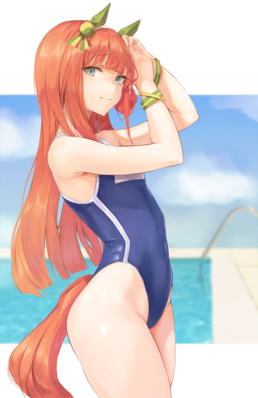 1girl absurdres adjusting_hair animal_ears arms_up bangs blue_swimsuit blunt_bangs blurry blurry_background bracelet competition_school_swimsuit ear_covers eyebrows_visible_through_hair facing_to_the_side green_eyes hairband highres hiki_niito horse_ears horse_girl horse_tail jewelry letterboxed long_hair looking_at_viewer one-piece_swimsuit orange_hair pool silence_suzuka_(umamusume) solo swimsuit tail thighs umamusume