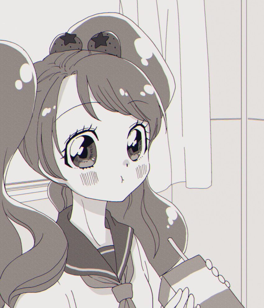 1girl :t aji_fry bangs blouse blush box classroom commentary curtains drink drinking_straw eyebrows_visible_through_hair face food_themed_hair_ornament greyscale hair_ornament highres holding holding_box holding_drink ichigozaka_middle_school_uniform indoors juice_box kirakira_precure_a_la_mode long_hair looking_at_viewer monochrome neckerchief pout precure school_uniform serafuku solo strawberry_hair_ornament swept_bangs twintails upper_body usami_ichika window
