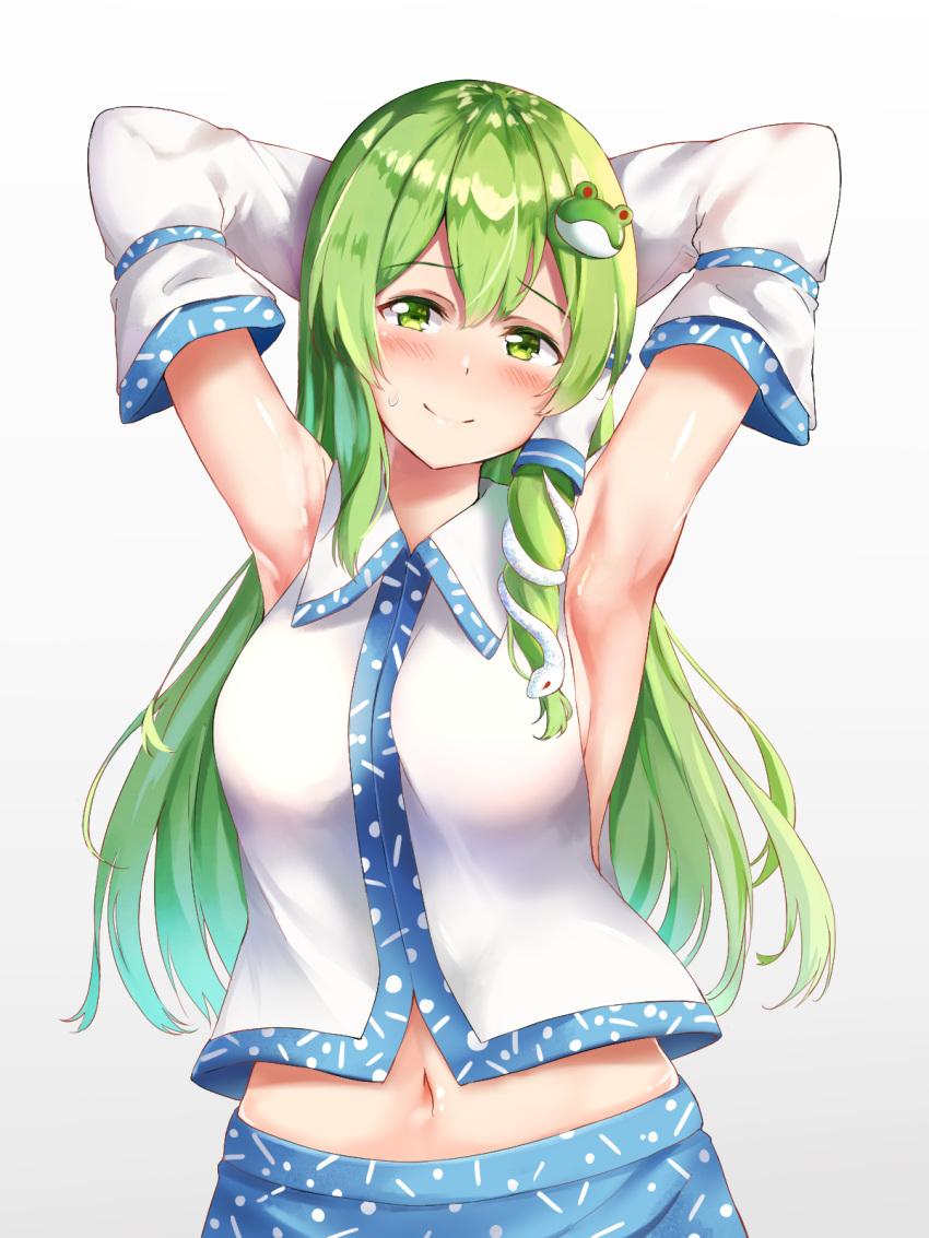 1girl armpits arms_behind_head arms_up bangs blush breasts closed_mouth commentary_request detached_sleeves eyebrows_visible_through_hair frog_hair_ornament green_eyes green_hair hair_ornament hair_tubes highres kochiya_sanae long_hair looking_at_viewer medium_breasts nagomian navel redrawn sidelocks simple_background smile snake_hair_ornament solo touhou upper_body white_background