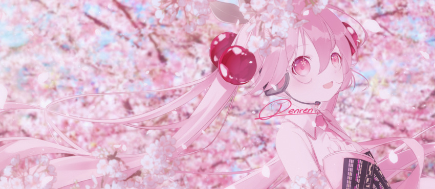 1girl blue_sky blurry blurry_background cherry_blossoms cherry_hair_ornament commentary detached_sleeves flower_in_eye food_themed_hair_ornament hair_between_eyes hair_ornament hands_on_own_chest hands_up hatsune_miku headset long_hair necktie petals pink_eyes pink_hair pink_neckwear pink_sleeves pink_theme renren_(pixiv22963369) sakura_miku signature sky solo symbol_commentary symbol_in_eye twintails upper_body vocaloid