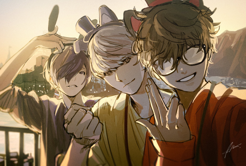 3boys absurdres alternate_costume amamiya_ren animal_ears bangs black_hair blue_hair btmr_game clenched_hand closed_mouth fake_animal_ears glasses grey_eyes grin hair_between_eyes hair_over_one_eye highres jacket male_focus multiple_boys narukami_yuu opaque_glasses outdoors persona persona_3 persona_4 persona_5 red_jacket selfie shirt signature silver_hair smile upper_body yellow_shirt yuuki_makoto