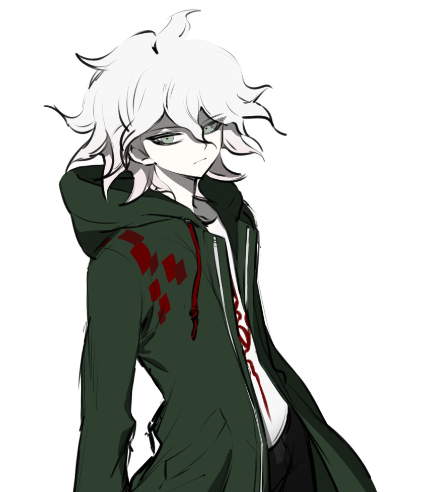 1boy bangs black_pants closed_mouth coat collarbone cowboy_shot dangan_ronpa_(series) dangan_ronpa_2:_goodbye_despair frown green_coat hair_between_eyes hands_in_pockets highres hood hooded_coat hoodie jacket komaeda_nagito long_sleeves looking_at_viewer male_focus messy_hair no_(xpxz7347) pale_skin pants print_shirt shirt short_hair simple_background solo white_background white_hair white_shirt