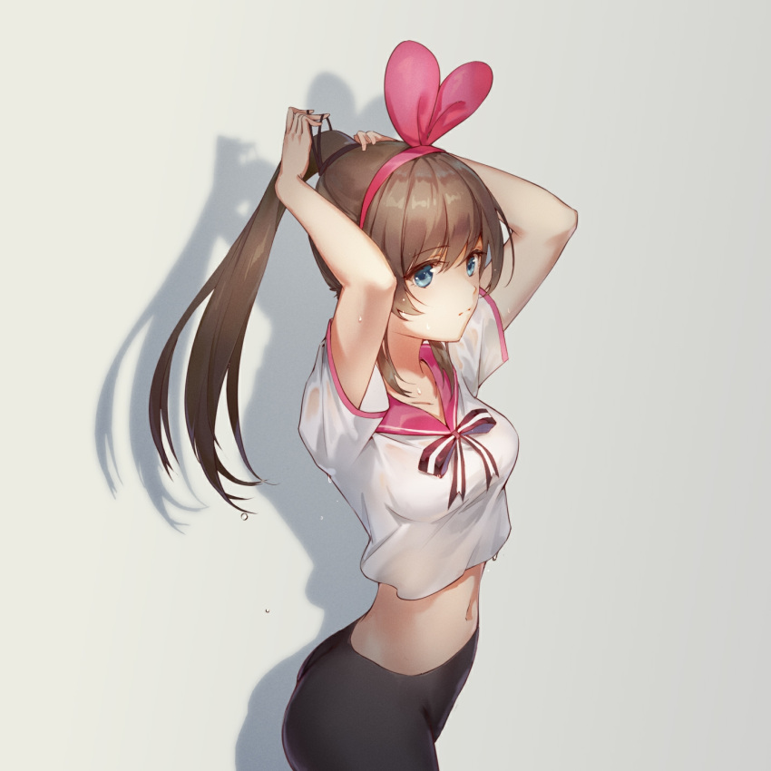 1girl arms_behind_head bangs black_pants blue_eyes breasts brown_hair collarbone commentary_request cowboy_shot crop_top eyebrows_visible_through_hair from_side hair_ribbon hairband hanker highres kizuna_ai kizuna_ai_inc. long_hair looking_at_viewer medium_breasts navel pants pink_ribbon pink_sailor_collar ponytail ribbon sailor_collar shirt short_sleeves sideways_glance solo standing stomach sweat tying_hair virtual_youtuber wet wet_clothes wet_shirt white_background white_shirt