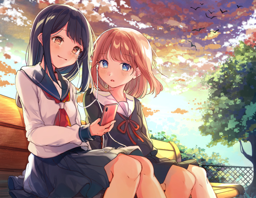 2girls bangs bench bird black_hair black_skirt blue_eyes blush brown_eyes brown_hair cellphone closed_mouth clouds cloudy_sky commentary_request day earphones eyebrows_visible_through_hair fence grass haruaya highres holding holding_phone knees long_hair long_sleeves looking_at_another multiple_girls neck_ribbon original outdoors parted_lips phone red_neckwear red_ribbon ribbon sailor_collar school_uniform serafuku shirt sitting skirt sky smartphone smile sunset tree white_shirt wooden_bench yuri