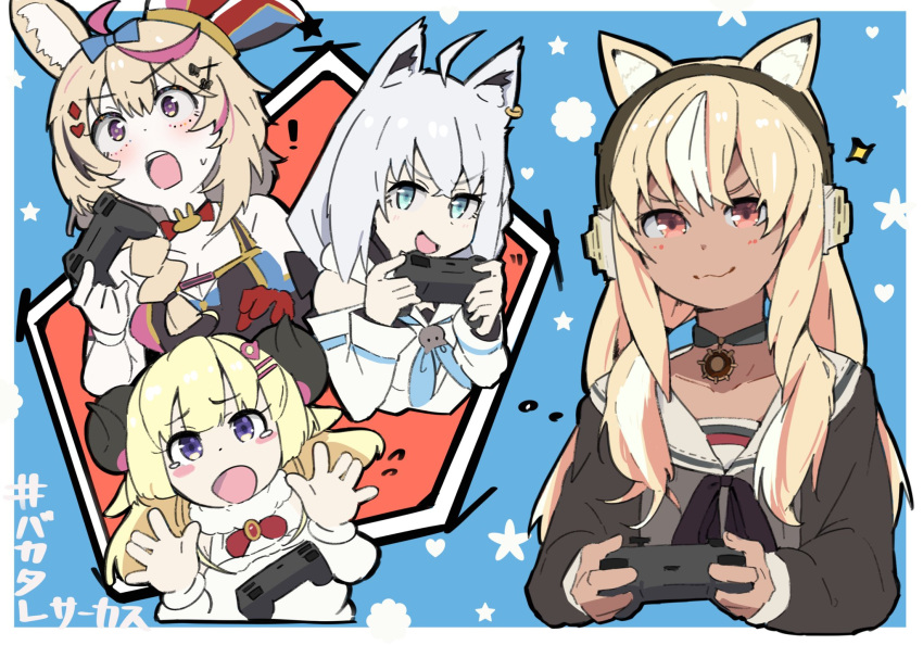 4girls ahoge animal_ears blonde_hair braid breasts cat_ears dark_skin dark-skinned_female donkoni elf eyebrows_visible_through_hair fox_ears fox_girl hair_between_eyes hair_ornament highres hololive horns long_hair looking_at_viewer multicolored_hair multiple_girls omaru_polka pointy_ears sheep_girl sheep_horns shirakami_fubuki shiranui_flare smile tsunomaki_watame violet_eyes virtual_youtuber white_hair