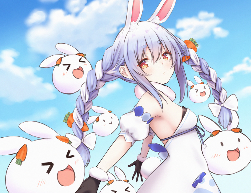&gt;_&lt; 1girl :&gt; :d :o absurdres animal_ear_fluff animal_ears bare_shoulders black_gloves blue_ribbon blush braid breasts bunny-shaped_pupils carrot_hair_ornament closed_mouth clouds cloudy_sky day detached_sleeves dress eyebrows_visible_through_hair food_themed_hair_ornament from_side fur_trim gloves hair_between_eyes hair_ornament highres hololive huge_filesize light_purple_hair long_hair looking_away looking_back multicolored_hair nousagi_(usada_pekora) open_mouth orange_eyes pikao puffy_short_sleeves puffy_sleeves rabbit rabbit_ears rabbit_girl ribbon scarf short_sleeves sidelocks sky small_breasts smile solo thick_eyebrows twin_braids twintails two-tone_hair upper_body usada_pekora virtual_youtuber white_dress white_hair xd