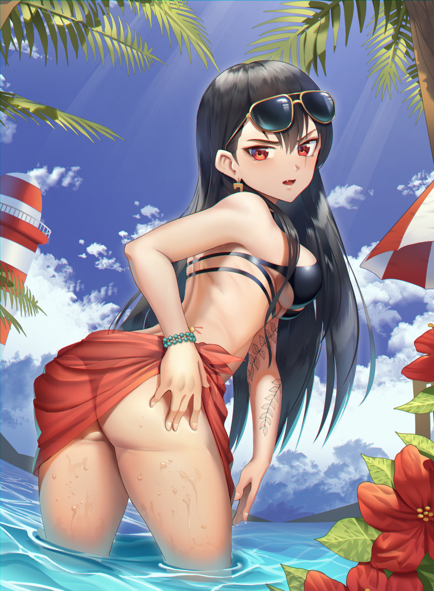 1girl absurdres ass bikini black_bikini black_hair blue_sky bracelet breasts commission day eyewear_on_head fang fisheye flower goback hand_on_own_ass highres huge_filesize jewelry kun_(thiepriest) long_hair maplestory medium_breasts open_mouth outdoors red_eyes sarong scar scar_across_eye second-party_source sideboob single_earring sky solo sunglasses sunlight swimsuit tattoo under_boob wading water wet