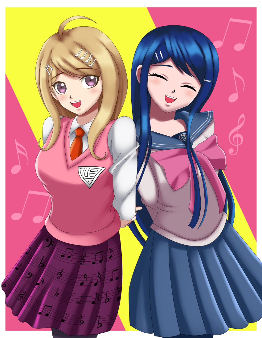 2girls akamatsu_kaede arms_behind_back blonde_hair blue_hair blue_skirt blush dangan_ronpa dangan_ronpa_(series) dangan_ronpa_v3:_killing_harmony happy maizono_sayaka multicolored_background musical_note musical_note_background musical_note_hair_ornament necktie pink_eyes pink_vest school_uniform violet_eyes white_shirt