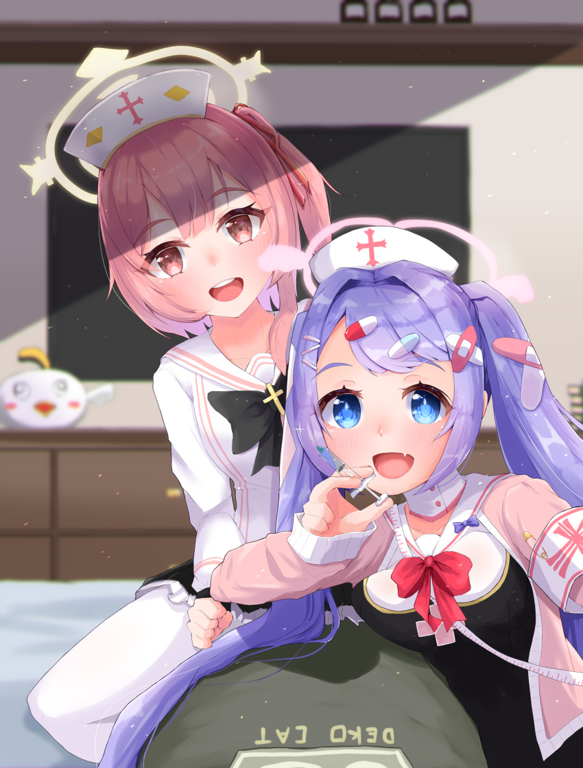 2girls armband bed blue_archive blurry blurry_background breasts commentary_request fang halo hanae_(blue_archive) hat highres k4washima looking_at_viewer multiple_girls nurse_cap open_mouth pink_eyes pink_hair pov school_uniform serina_(blue_archive) stuffed_animal stuffed_toy syringe