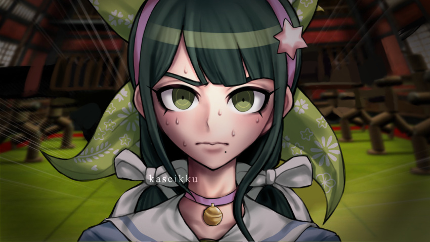 1girl bangs bell black_hair chabashira_tenko choker closed_mouth dangan_ronpa_(series) dangan_ronpa_v3:_killing_harmony derivative_work english_commentary green_eyes green_hair hair_ornament hair_ribbon hairband highres kaseikku long_hair looking_at_viewer low_twintails mole mole_under_mouth pink_choker ribbon shirt solo sweat twintails upper_body what_if white_ribbon