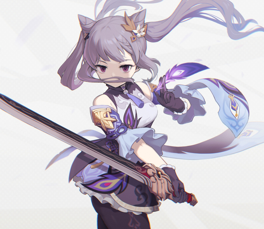 1girl bare_shoulders black_legwear braid breasts covering_mouth cowboy_shot detached_sleeves flower frills genshin_impact gloves hair_cones hair_flower hair_ornament highres holding holding_sword holding_weapon karoro keqing_(genshin_impact) long_hair medium_breasts pantyhose purple_gloves purple_hair purple_skirt simple_background skirt solo sword twintails violet_eyes weapon white_background
