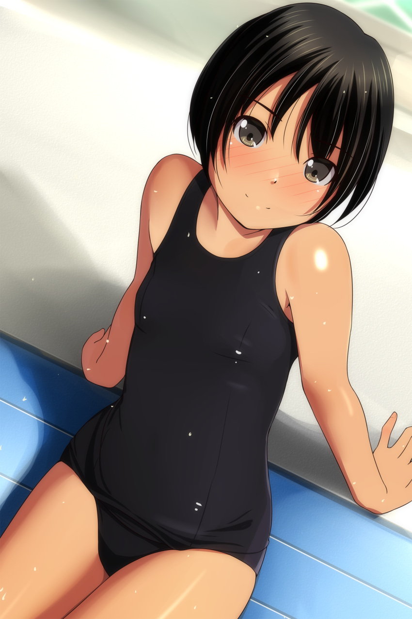 1girl absurdres arm_support bangs bare_arms bare_shoulders black_hair black_swimsuit blush brown_eyes closed_mouth day eyebrows_visible_through_hair hair_between_eyes highres leaning_forward looking_at_viewer matsunaga_kouyou nose_blush old_school_swimsuit one-piece_swimsuit original outdoors school_swimsuit smile solo swimsuit tan