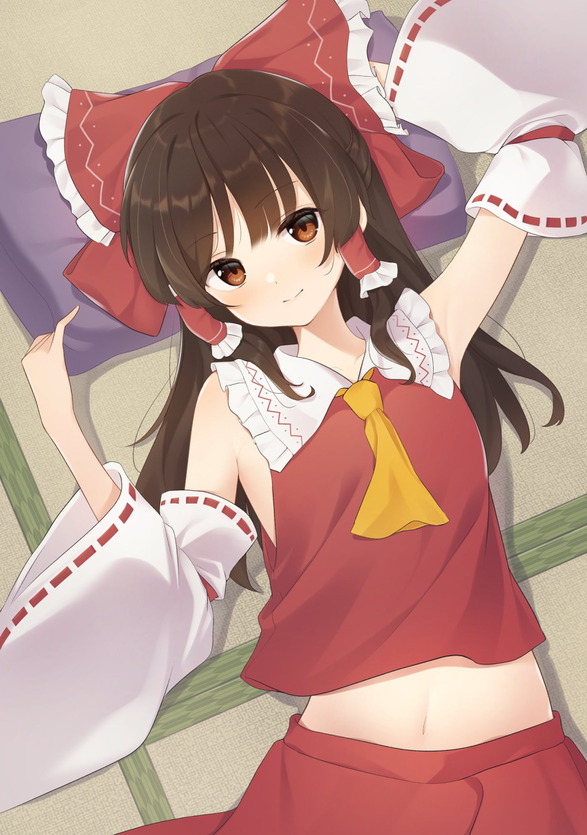 armpits ascot bow breasts brown_eyes brown_hair commentary_request detached_sleeves frilled_bow frills hair_bow hair_tubes hakurei_reimu highres kanpa_(campagne_9) medium_hair nontraditional_miko ofuda outstretched_arms pillow red_bow ribbon-trimmed_sleeves ribbon_trim skirt skirt_set small_breasts spread_arms touhou wide_sleeves yellow_neckwear