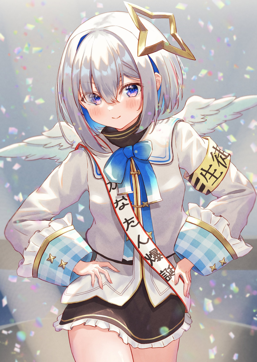 1girl absurdres amane_kanata angel angel_wings armband asymmetrical_hair bangs black_skirt blue_eyes blue_hair blue_neckwear blurry blurry_background blush bob_cut bow bowtie breasts colored_inner_hair confetti cowboy_shot cropped_jacket eyebrows_visible_through_hair feathered_wings frilled_skirt frills fue_(lars0713) gradient_eyes grey_jacket hair_between_eyes hair_over_one_eye halo hands_on_hips highres hololive jacket long_sleeves looking_at_viewer mini_wings miniskirt multicolored multicolored_eyes multicolored_hair sailor_collar shirt short_hair sidelocks silver_hair skirt sleeve_cuffs sleeves_folded_up sleeves_past_wrists smile solo star_halo streaked_hair turtleneck violet_eyes virtual_youtuber white_shirt white_wings wide_sleeves wings