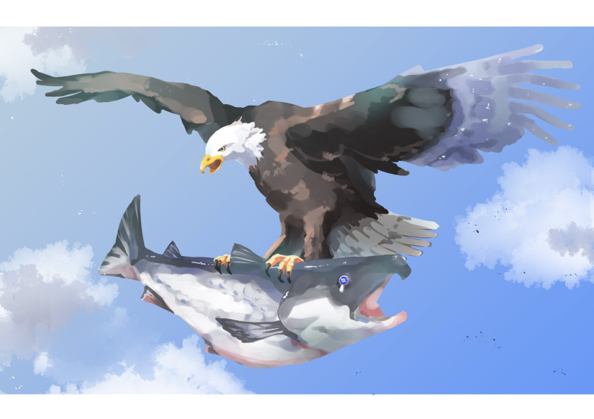 animalization bald_eagle bird blue_eyes blue_sky clouds eagle fish flying highres kamikoshi_sorawo nishina_toriko no_humans nro salmon_(fish) sky tears urasekai_picnic