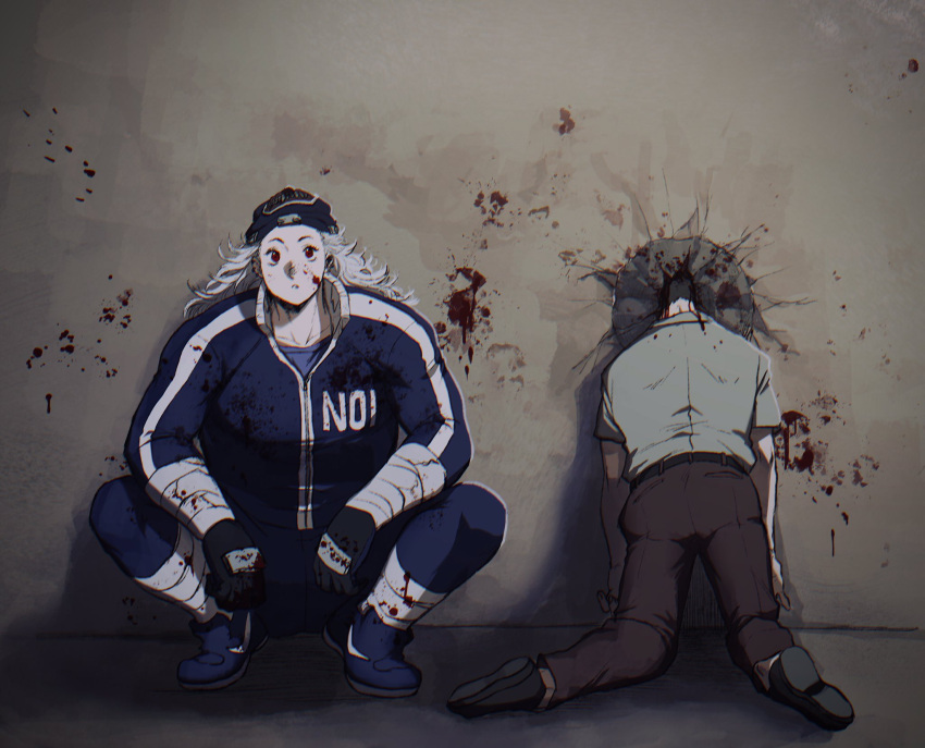 1boy 1girl abs blood dorohedoro earrings gloves highres jacket jewelry long_hair looking_at_viewer mask muscular muscular_female noi_(dorohedoro) red_eyes simple_background track_jacket track_suit uei_(uei73661268) white_hair