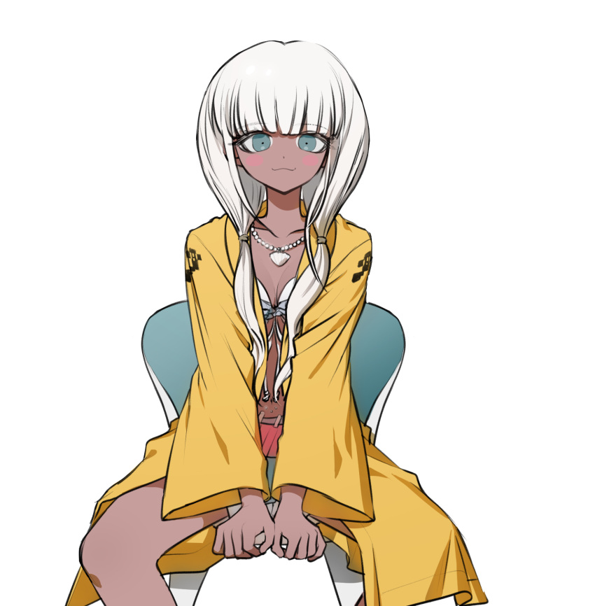 1girl bangs bead_necklace beads bikini bikini_top blue_eyes blunt_bangs blush breasts chair collarbone dangan_ronpa_(series) dangan_ronpa_v3:_killing_harmony dark_skin dark-skinned_female eyebrows_visible_through_hair feet_out_of_frame frilled_bikini frills ganguro highres jacket jewelry legs_apart long_hair looking_at_viewer low_twintails necklace no_(xpxz7347) open_mouth shell_necklace silver_hair simple_background sitting small_breasts smile solo swimsuit twintails white_background white_hair yellow_jacket yonaga_angie