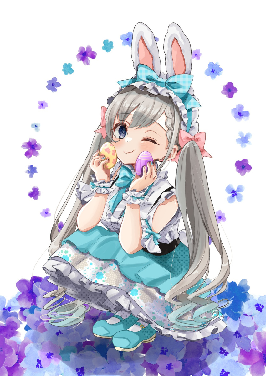 1girl aqua_dress blue_eyes blush dress easter easter_egg egg eyebrows_visible_through_hair grey_hair hair_between_eyes hairband highres idolmaster idolmaster_cinderella_girls idolmaster_cinderella_girls_starlight_stage lolita_fashion lolita_hairband long_hair looking_at_viewer mary_janes one_eye_closed pinafore_dress rino_cnc shoes smile solo squatting twintails