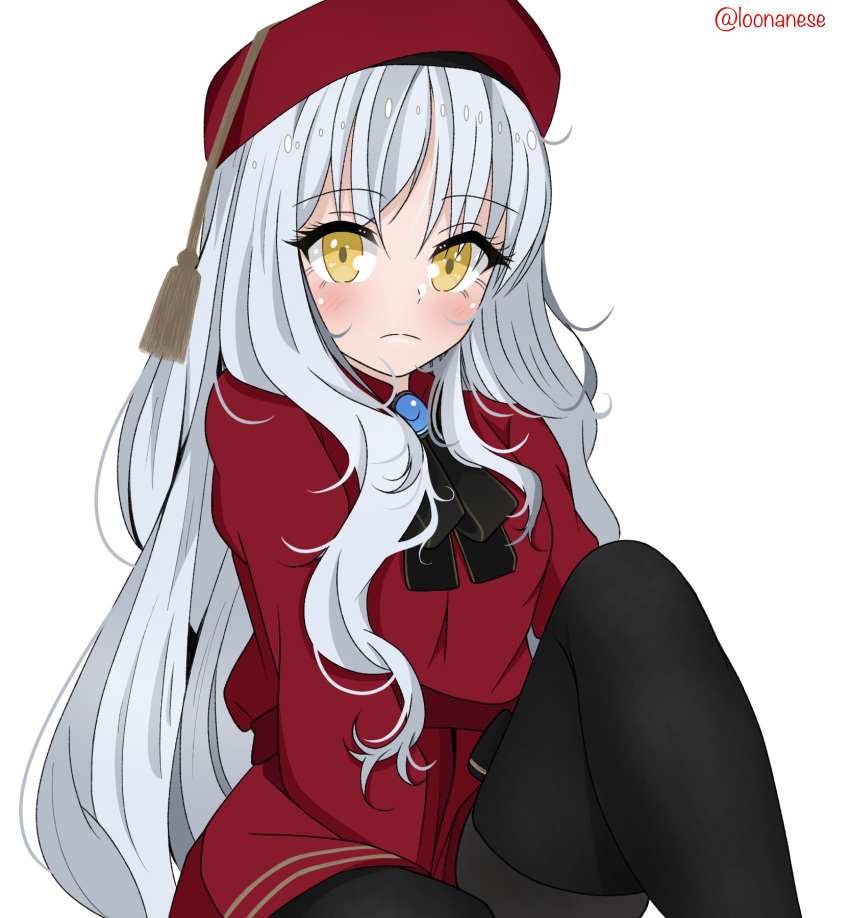 1girl bangs beret black_legwear blush breasts brooch caren_hortensia caren_hortensia_(amor_caren) dress fate/grand_order fate_(series) hat highres jewelry knee_up long_hair long_sleeves looking_at_viewer loonanese medium_breasts neck_ribbon pantyhose red_dress red_headwear ribbon sitting thighs wavy_hair white_hair yellow_eyes