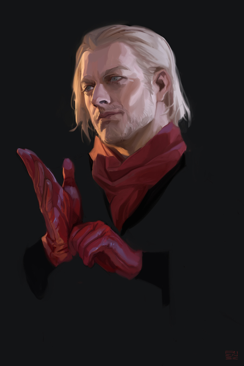 1boy adjusting_clothes adjusting_gloves artist_name blending blue_eyes closed_mouth facial_hair gloves highres long_sleeves male_focus mature_male medium_hair metal_gear_(series) metal_gear_solid_v mullet realistic red_gloves red_scarf revolver_ocelot riense scarf simple_background smile solo upper_body white_hair