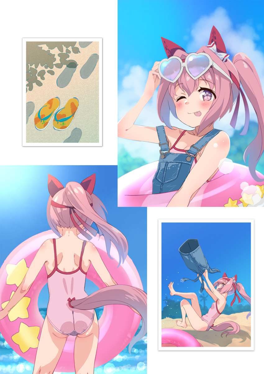 1girl :p animal_ears ass barefoot beach bow casual_one-piece_swimsuit commentary_request denim ear_covers eyewear_on_head hair_bow hair_intakes haru_urara_(umamusume) headband heart heart-shaped_eyewear highres horse_ears horse_girl horse_tail innertube leg_up long_hair ocean one-piece_swimsuit one_eye_closed outdoors overalls photo_(object) pink_eyes pink_hair pink_swimsuit ponytail ribbon saeki_tatsuya sandals_removed sitting smile solo sunglasses swimsuit swimsuit_under_clothes symbol-shaped_pupils tail thighs toes tongue tongue_out umamusume undressing