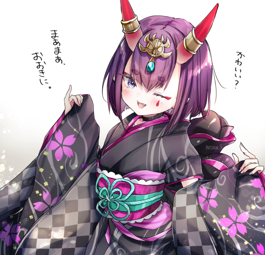 1girl black_kimono bob_cut eyeliner facial_mark fate/grand_order fate_(series) headpiece highres horn_ornament horn_ring horns japanese_clothes kimono lostroom_outfit_(fate) makeup obi one_eye_closed oni oni_horns print_kimono purple_hair sash short_eyebrows short_hair shuten_douji_(fate) skin-covered_horns solo touko_56 violet_eyes wide_sleeves