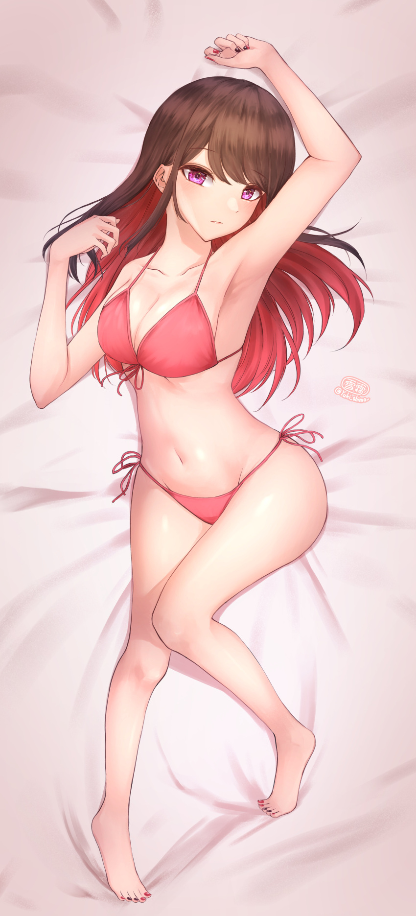 1girl absurdres artist_logo barefoot bikini breasts brown_hair commentary_request dakimakura_(medium) highres large_breasts long_hair looking_at_viewer lying multicolored_hair original red_bikini red_eyes redhead side-tie_bikini solo swimsuit yukishimo