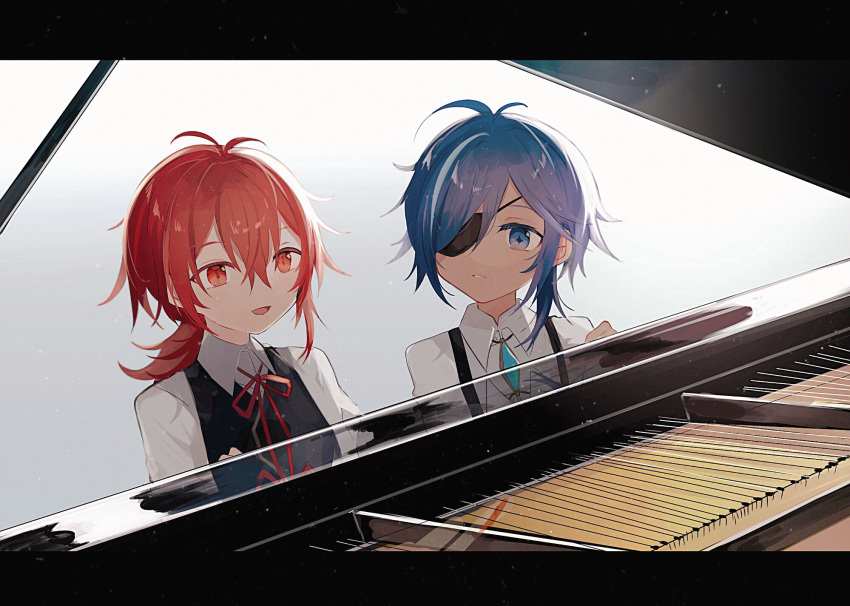 2boys antenna_hair bangs black_vest blue_eyes blue_hair child dark_skin dark_skinned_male diluc_ragnvindr eyepatch genshin_impact hair_between_eyes highres instrument kaeya_alberich letterboxed long_hair male_focus multicolored_hair multiple_boys neck_ribbon open_mouth piano ponytail red_eyes red_neckwear redhead ribbon shirt simple_background streaked_hair vest white_shirt yoko_(nz_g) younger